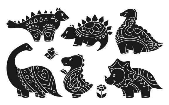 Dinosaur doodle prehistoric stamp set. Reptile stencil collection dino character print. Childish wildlife funny animals dinosaurs lizard. Kids design for textile, predators and herbivores vector