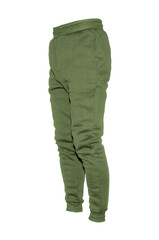Blank training jogger pants color green on invisible mannequin template side view on white background
