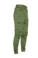 Blank training jogger pants color green on invisible mannequin template side view on white background
