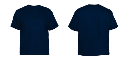 Blank T Shirt color navy on invisible mannequin template front and back view on white background
