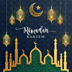 Ramadan Kareem, Ramadhan or Eid mubarak by Muslims greeting background Islamic with gold patterned and crystals on paper color background.( Translation : Ramadan Kareem )