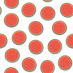 Watermelon Fruit Seamless Pattern On A White Background. Slice Watermelon Illustration
