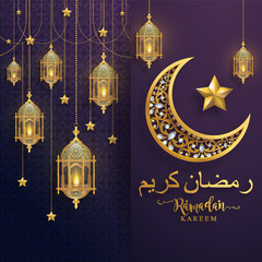 Ramadan Kareem, Ramadhan or Eid mubarak by Muslims greeting background Islamic with gold patterned and crystals on paper color background.( Translation : Ramadan Kareem )