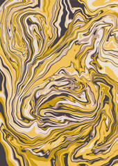 Fluid art texture. Abstract background with swirling paint effect. Liquid acrylic picture that flows and splashes. Mixed paints for interior poster. yellow and brown overflowing colors