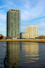 Jersey City, NJ - USA - Nov. 14, 2021: Vertical morning view of the iconic Beach Apartments,...
