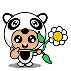 cartoon vector illustration of cute animal mascot costume character holding flower