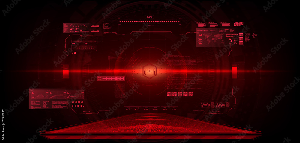 Poster FUI virtual reality in HUD style. Head-Up VR screen. Futuristic User Interface for UI, GUI, HUD. Hi-tech cockpit car or spaceship with indicators and data. Red display design Sci-fi helmet. Vector