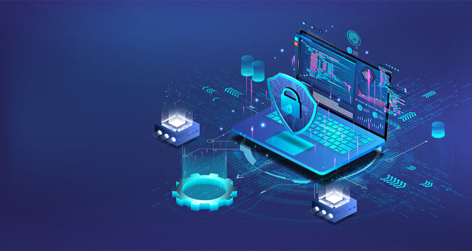 Protection of personal data and internal networks. Cyber security concept. Isometric 3D laptop with soft, login and data. Antivirus and protection of personal data. Safety internet and data secure. 
