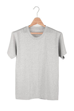 Gray T Shirt On Wooden Hanger Isolated On White Background.