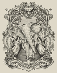 illustration vintage elephant with engraving style