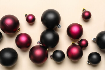 Many beautiful Christmas balls on color background, closeup
