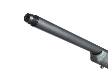 Threaded rifle barrel and stock on white