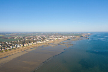 The panoramic view of Sword beach and the Channel Sea in Europe, France, Normandy, towards Ouistreham, Arromanches, in spring, on a sunny day.