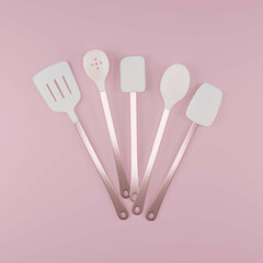 Set of Silicone kitchen tool with copper handle 3D rendering