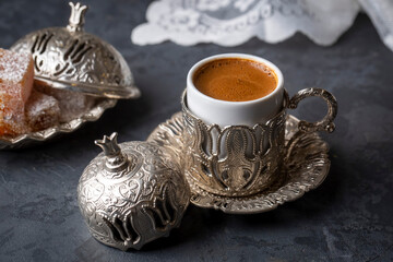 Traditional delicious Turkish coffee and Turkish delight