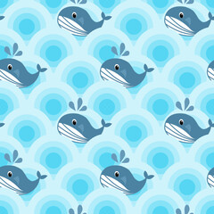 dolphins seamless pattern, sea stars, Sea life, whales, ship, anchors and ship steering wheel, vector illustration.