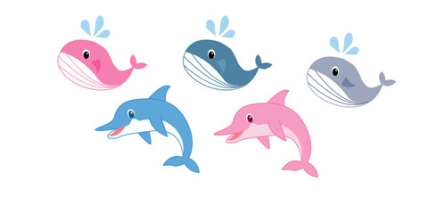 Set of cute dolphins cartoon. Cute blue and pink dolphins set,set of whales, vector illustration 