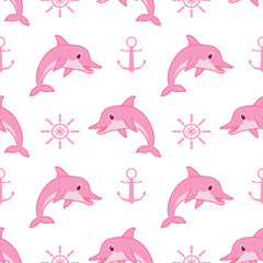 dolphins seamless pattern, sea stars, Sea life, whales, ship, anchors and ship steering wheel, vector illustration. - obrazy, fototapety, plakaty