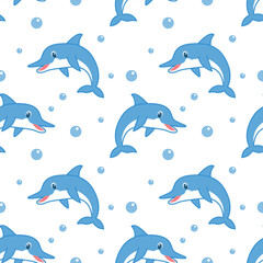 dolphins seamless pattern, sea stars, Sea life, whales, ship, anchors and ship steering wheel, vector illustration.