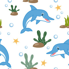 dolphins seamless pattern, sea stars, Sea life, whales, ship, anchors and ship steering wheel, vector illustration.