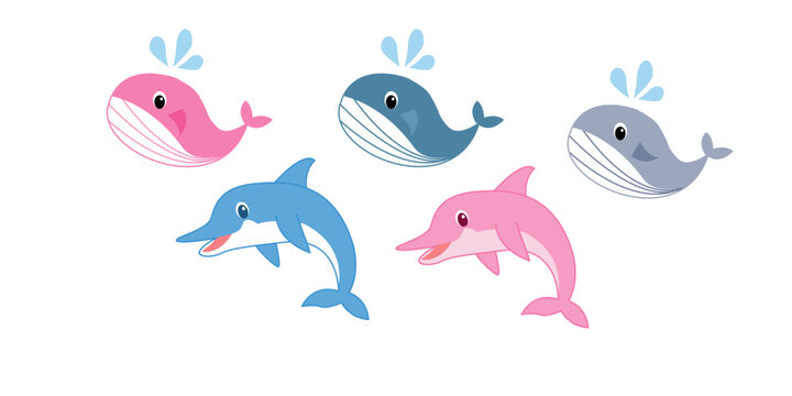 Set of cute dolphins cartoon. Cute blue and pink dolphins set,set of whales, vector illustration 
