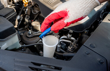 Fototapeta premium Automobile Maintenance. Filling the Windshield Washer Fluid on a Car