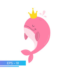 A kind pink whale in delicate pink colors, splashes water out of itself and golden crown on the head. Proud and sweet. Vector illustration.