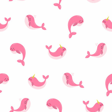 The pattern is a kind pink whale in delicate pink colors. Three different whales. Proud and sweet. Vector illustration.