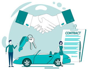 Buying a car.Sale, purchase and rental of cars.Execution of the contract of sale.Flat vector illustration.