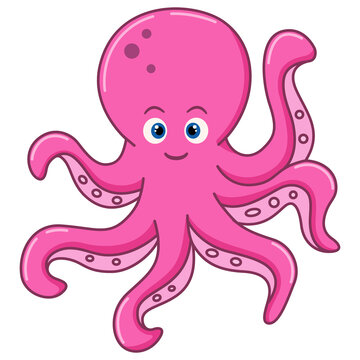 Cartoon cute pink octopus on white background