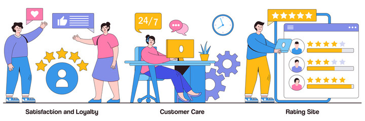 Satisfaction and loyalty, customer care, rating site concept with people character. Website ranking abstract vector illustration set. Desktop chat messages, technical support, hotline metaphor
