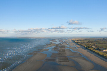 The long beach of Utah Beach in Europe, France, Normandy, towards Carentan, in spring, on a sunny day.