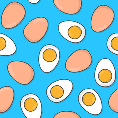 Chicken Boiled Eggs Seamless Pattern On A Blue Background. Eggs Icon Theme Illustration