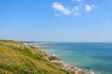 The port of Barneville seen from Cap de Carteret in Europe, France, Normandy, Manche, in spring, on a sunny day.