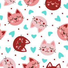 Cute cat faces seamless vector pattern. Hand drawn flat cartoon background. Beautiful smiling kittens with hearts. Funny pets, valentine's day concept. Seasonal template, childrens illustration.