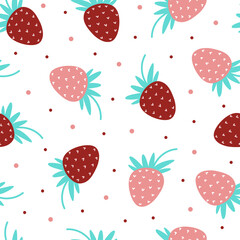 Cute cartoon strawberry seamless vector pattern. Hand drawn ripe summer berry isolated on white background. Juicy exotic fruit, flat concept for decoration, postcard design, textile, fabric, web.
