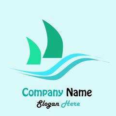 Fototapeta na wymiar sailboat in the middle of the sea with two waves logo vector illustration design