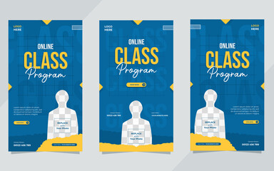 Set of social media stories templates on minimalistic blue background. Suitable for Online class program and Online Education
