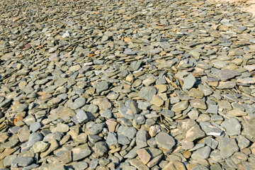 The Norman pebbles of the beach of the Old Church in Europe, France, Normandy, Manche, in spring, on a sunny day.