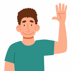 A fashionable male in casual clothes waves her hand. A flat vector illustration with a gesture of greeting a man.