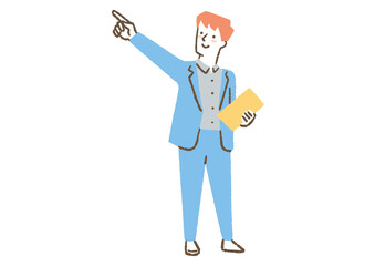 遠くを指を差すスーツを着た男性_色