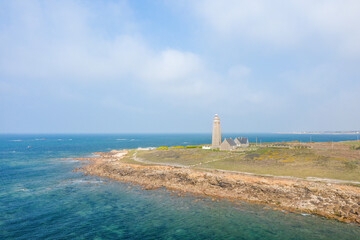Fototapeta premium The Cap Levi lighthouse and its countryside in Europe, France, Normandy, Manche, in spring, on a sunny day.
