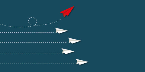 Red paper plane change direction from group on blue background as metaphor for business creativity new idea to discovering new business options, Individual and unique leader. copy space. paper art . © Chitraporn