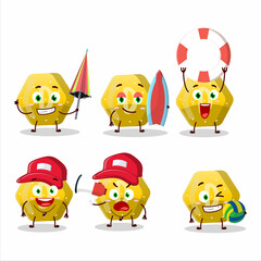 Happy Face yellow gummy candy D cartoon character playing on a beach