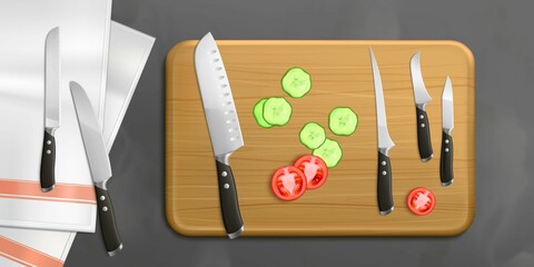 Fresh vegetable slices lying on cutting board with knives and tablecloth top view. Food cooking on kitchen, tomato and cucumber pieces on rectangle wood plank, Realistic 3d vector illustration