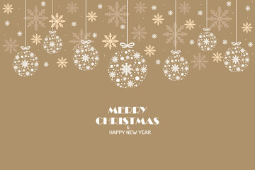 Merry Christmas greeting card. Gold Christmas background with hanging christmas decoration. Vector design of winter holidays.