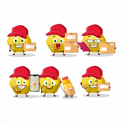 Cartoon character design of yellow gummy candy D working as a courier