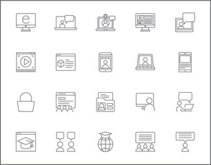 Set of online education and e-learning line style. It contains such as e-book, lessons, webinar, video, teaching, training, mobile, tutorial, computer and other elements.