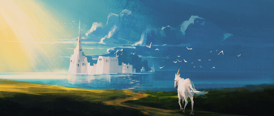 Surreal scenes with unicorn, 3d illustration.