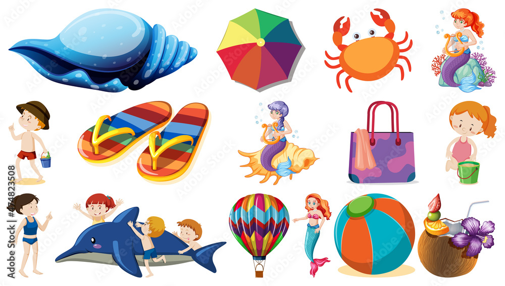 Poster set of summer beach objects and cartoon characters